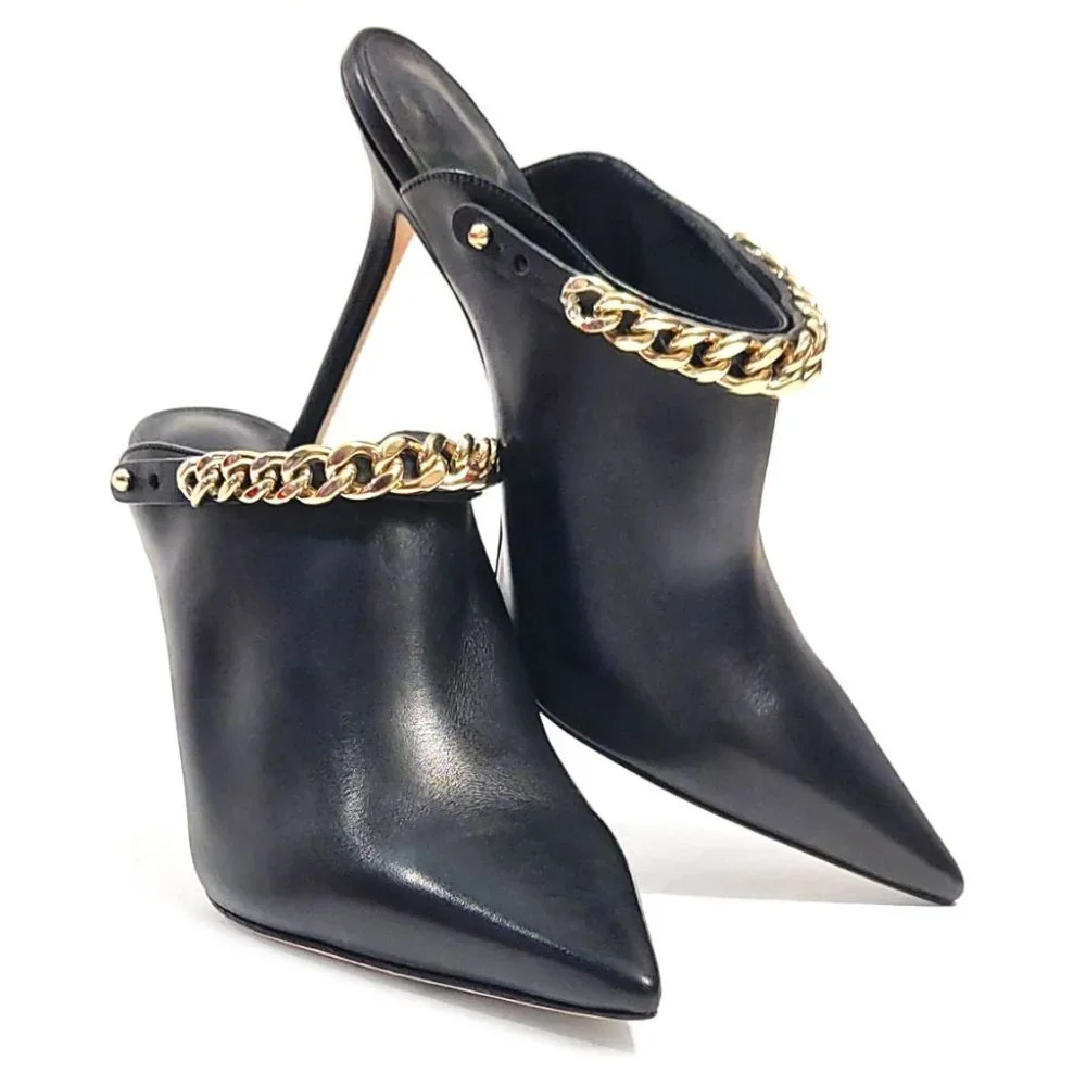Jimmy Choo Lexx 100 Black Leather Gold Color Chain EU 37 US 7 Mules - Picture 4 of 12